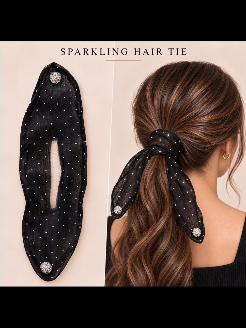 Sparkling sheer Black Hair Tie with Rhinestone Accent- Pull through ponytail